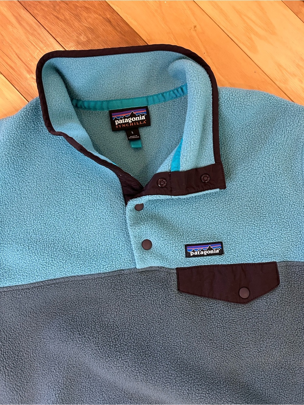 Patagonia Synchilla Snap-T Fleece Pullover Womens Large Teal Gray Colorblock - Picture 2 of 8